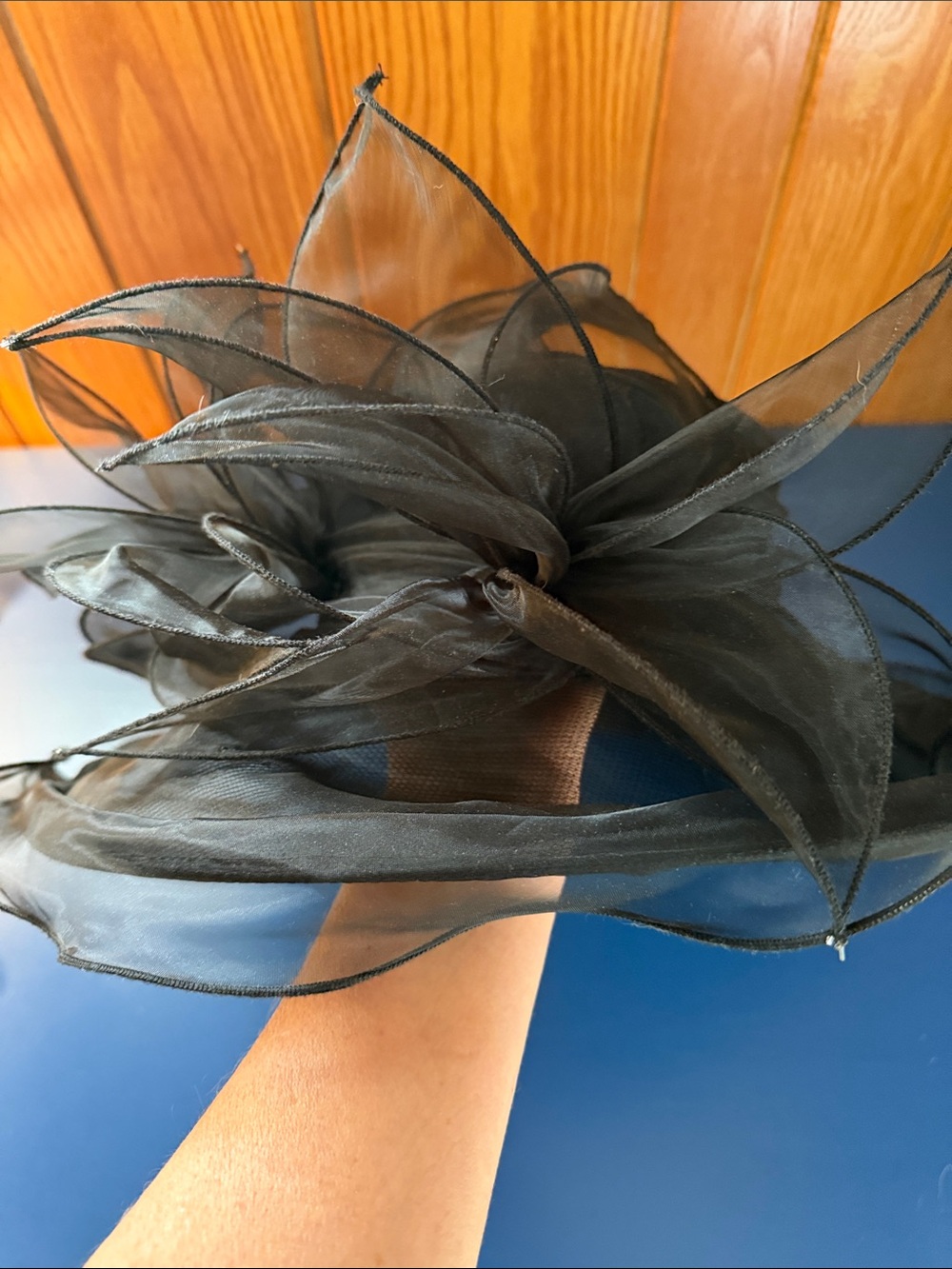 SCALA Elegant Black Organza Flowing Sheer Flower Hat Women Accessories